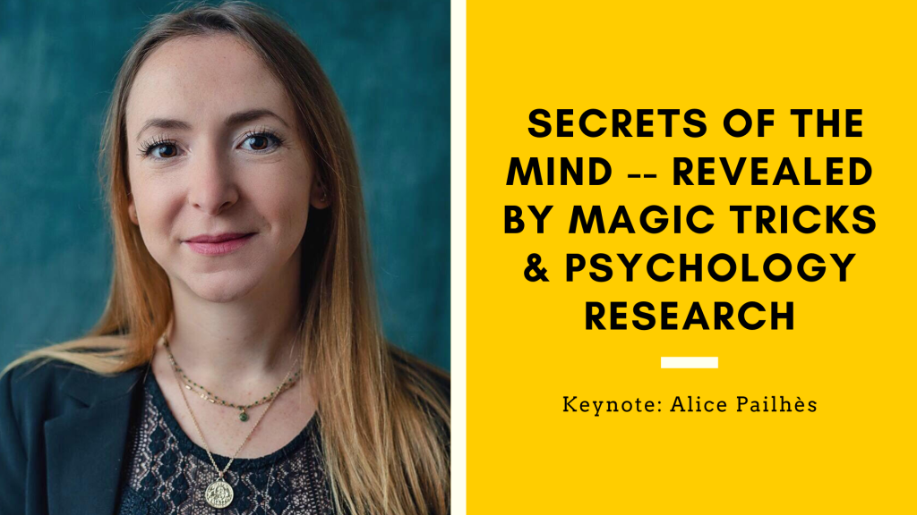 Keynote presenter photo and title "Secrets of the Mind - Revealed by Magic Tricks & Psychology Research.